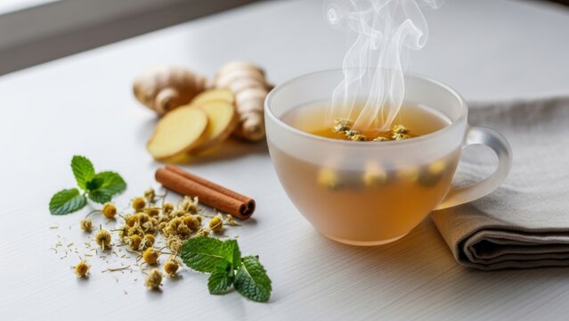 Steaming hot herbal tea with fresh ginger mint cinnamon and chamomile flowers