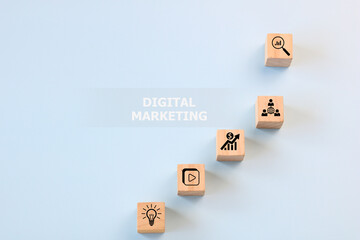 Wooden blocks with digital marketing icons and text, symbolizing online business growth, content strategy, SEO, social media, and data analytics for marketing success.