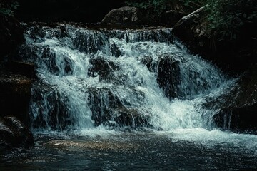 A cascading waterfall, surrounded by lush greenery and rocky cliffs, with a serene atmosphere and a sense of tranquility.
