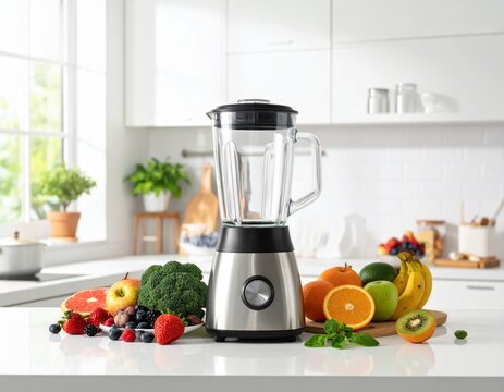 Healthy smoothie ingredients with a blender on a bright kitchen countertop - Powered by Adobe
