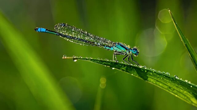 Close-up macro shot of a small blue dragonfly perched on a vibrant green blade of grass covered in morning dew drops