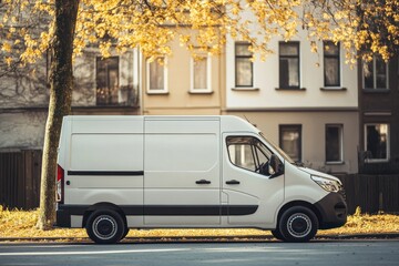 Obraz premium A white van with black rims parked on a tree-lined street, surrounded by autumn leaves and a building with a beige facade.