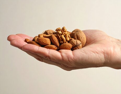 Hand holding a mix of almonds, walnuts, and other healthy nuts - Powered by Adobe