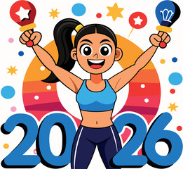 Vsai woman celebrating new year 2026 fitness resolution with dumbbells