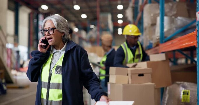 Phone call, angry and logistics with woman in warehouse for inventory management, late shipment or communication. Speaker, cancel prder and quality control with mature person for ecommerce supervisor