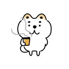 ホットの飲み物を持つ白い柴犬
