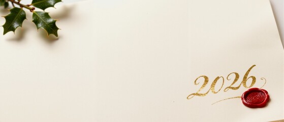 New year 2026 greeting card with gold calligraphy and a red wax seal. Christmas holiday background with a holly sprig and copy space for text