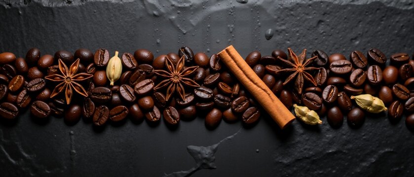 Aromatic blend of roasted coffee beans and whole spices. Top view flat lay with cinnamon, star anise, and cardamom on a wet dark background