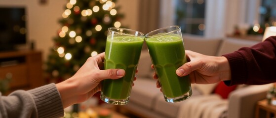 Couple toasting with green smoothies during a Christmas celebration. Healthy holiday lifestyle with a detox drink at home. Winter wellness concept