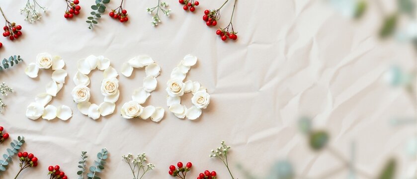 Happy New Year 2026 text made from white rose petals and flowers. Festive flat lay composition with red berries and eucalyptus on a paper background. Holiday banner with copy space for text