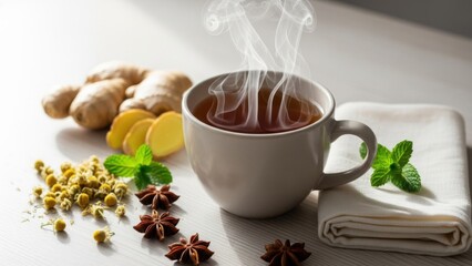 Steaming cup of herbal tea with ginger lemon mint chamomile and star anise