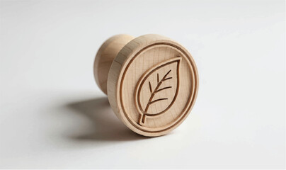 Eco-friendly wooden rubber stamp with leaf symbol for organic product branding. isolated PNG with Transparent Background