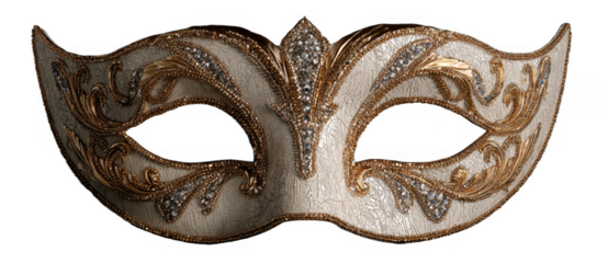 An ornate masquerade mask featuring intricate gold and silver detailing with elegant swirling patterns and embedded rhinestones for a luxurious appearance