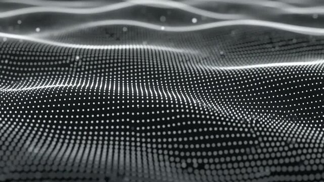 Abstract Digital Waveform of Tiny White Dots Rippling Across a Dark Background with Subtle Sparkles