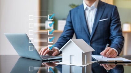 A professional individual uses a laptop and checklist, with a model house placed on the table, suggesting tasks related to real estate or property management.