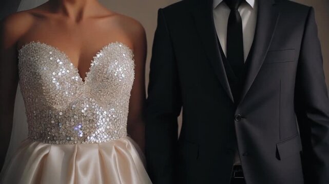 A cinematic front shot capturing a shimmering evening bridal gown beside a sleek dark groom suit. Light reflections dance across sequins and satin fabric, creating a glamorous high-fashion effect