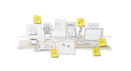 Illustration of a workspace with various objects, notes, and a laptop.
