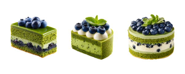 Matcha Blueberry Cake Delights: Trio of Green Tea Desserts isolated on transparent background