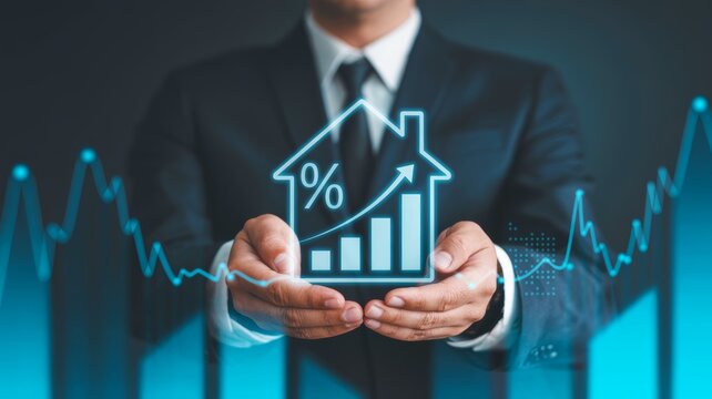 A businessman holds a digital house icon with a growth chart, symbolizing real estate investment and market trends.