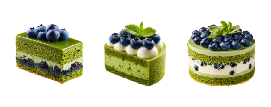 Matcha Blueberry Cake Delights: Trio of Green Tea Desserts isolated on transparent background
