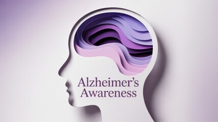 A stylized illustration emphasizing Alzheimer's awareness, featuring a profile silhouette with purple waves symbolizing the brain.