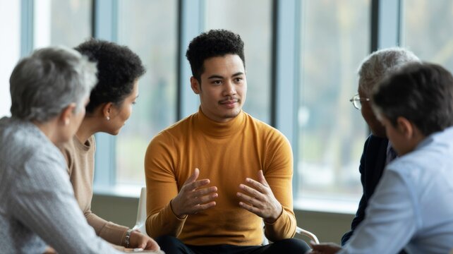 A focused discussion among a group, featuring a young man passionately expressing his thoughts while others listen attentively.