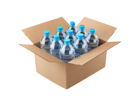 Bottled Drinking Water Delivery Case in Cardboard Box isolated on transparent background