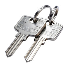 Two silver keys linked together, shiny metal finish, dark background