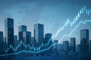 Financial growth chart overlaying modern city skyline with glowing blue candlestick data and world map background concept of global economy progress. Ai generative