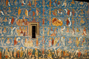 Fresco detail from the exterior wall of a Voronet, Moldavian monastery in Romania