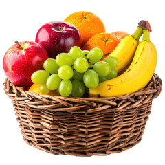 Basket brimming with fruit. Apples, oranges, bananas, and grapes