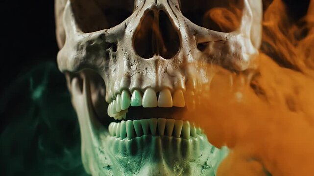 A detailed close-up shot captures an anatomical skull model dramatically enveloped in swirling, colorful smoke. The intricate bone structure is clearly visible, with particular emphasis on the teeth, 