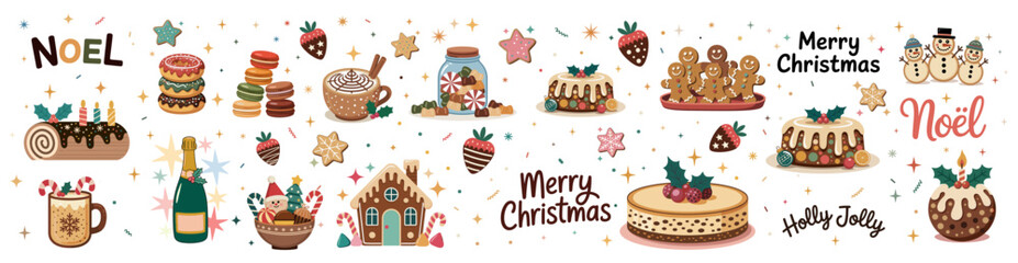 Festive Christmas vector illustration with desserts, candy, Santa, gingerbread houses, green champagne, and gold stars on transparent background, whimsical pastel holiday design.