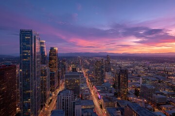 Elevated Dusk Cityscape: High View Over a Glowing Urban Skyline