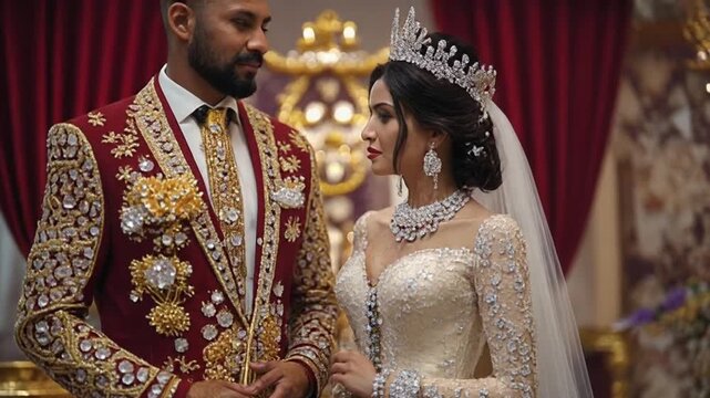 A majestic frontal shot of royal-style wedding attire: the groom&rsquo;s ornate suit and the bride&rsquo;s embellished ballgown. Slow tilt-up movement capturing luxurious details, gold embroidery, and crystal acc