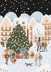 Flat vector illustration of winter city during Christmas and New Year holiday. Families and couples walk in snow near decorated tree with gifts and presents. Houses with wreaths.