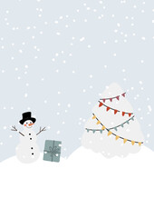 Flat winter illustration with snowman, decorated Christmas tree, and gift box under falling snow. Bright garlands and snowy hills create cozy festive holiday and New Year atmosphere. Vector art.