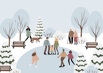 Obraz premium Winter park illustration with people ice skating among snowy trees. Multicultural families and couples enjoying festive season. Christmas and New Year celebration. Flat vector art.