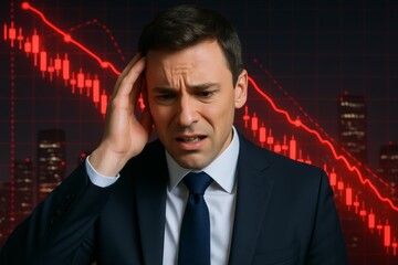 Worried businessman in suit reacting to sharp stock market crash with red declining chart and candlesticks in background at night in cityscape scene. Ai generative