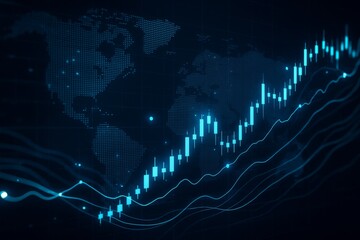Glowing financial candlestick chart with rising trend lines over digital world map background in futuristic blue style for global economy concept. Ai generative