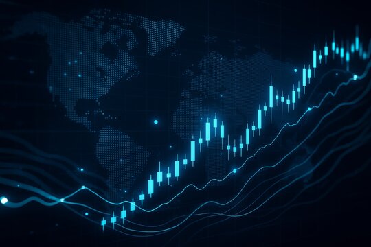 Glowing financial candlestick chart with rising trend lines over digital world map background in futuristic blue style for global economy concept. Ai generative