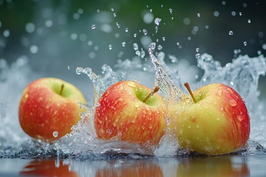 A vibrant scene of apples being splashed with water, creating a dynamic and refreshing atmosphere.