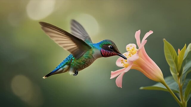 Vibrant hummingbird gracefully drinking nectar from delicate pink flower in motion video