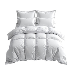 Comfortable white bed with pillows and duvet on black backdrop