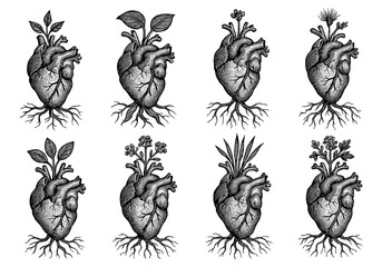 Botanical heart fusion: intricate plants emerging from detailed anatomical hearts