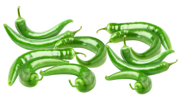 large heap of vibrant green chili peppers, glossy and curved, isolated studio photograph against a pure transparent background, emphasizing heat.