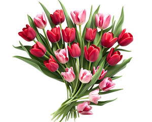 Obraz premium Red and Pink Tulips Arranged in a Heart Bouquet on Transparent Background
