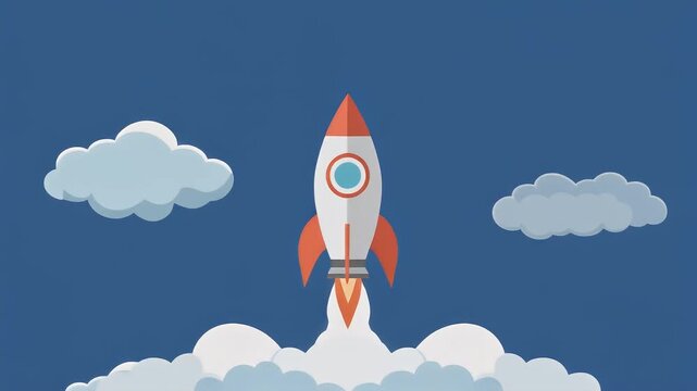 A white and red rocket ascends through a blue sky surrounded by fluffy white clouds, leaving a trail of white smoke