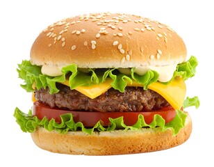 Close-up of a juicy hamburger with sesame bun, cheese, and lettuce