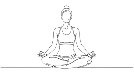 Continuous line drawing of woman meditating in lotus position minimal art style